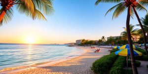 Tropical beach with palm trees and luxury resorts.