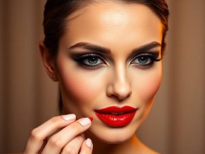 Modelă cu ruj roșu intens, ochi fumurii și piele radiantă