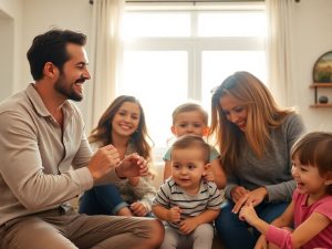 Părinți celebri cu copii, interacționând vesel acasă.