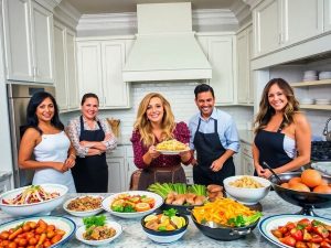 Vedete gătind, preparate delicioase, bucătărie elegantă.